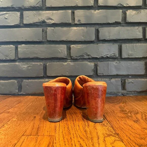 Vintage 1970s Cognac Leather Peep Toe Clogs Slides Mules Wood Platforms Size 7.5 - Picture 5 of 7
